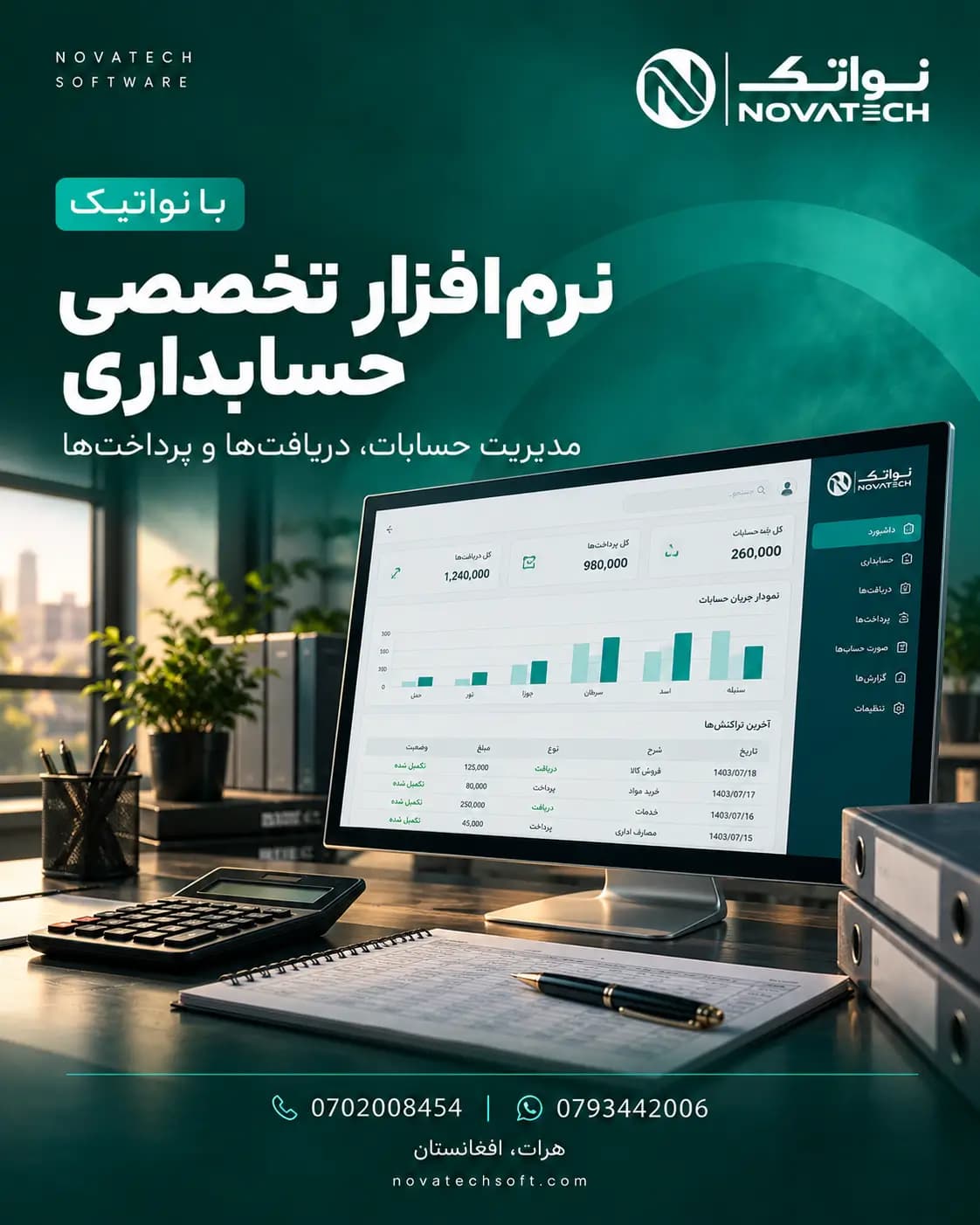 پوستر نرم افزار تخصصی حسابداری نواتیک برای مدیریت مالی، فروش، مصارف و خزانه