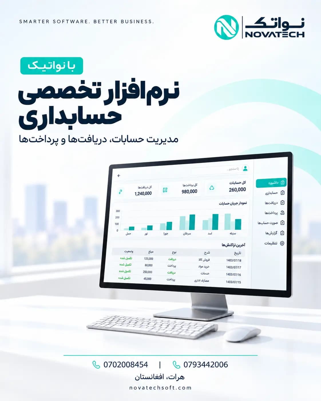 پوستر نرم افزار تخصصی حسابداری نواتیک برای مدیریت مالی، فروش، مصارف و خزانه